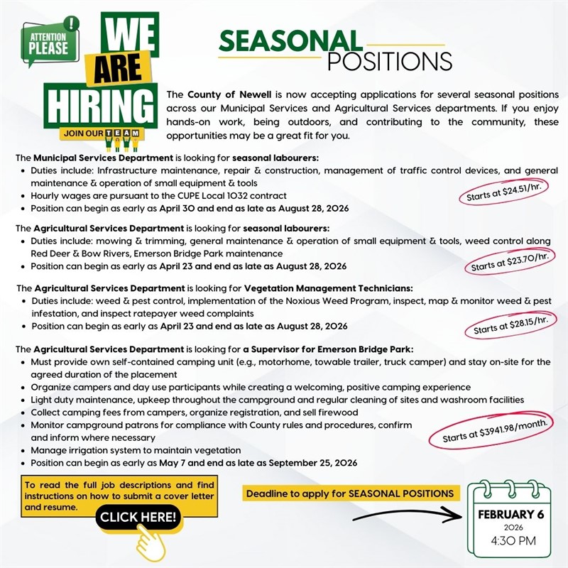 County of Newell Hiring for Seasonal Employees