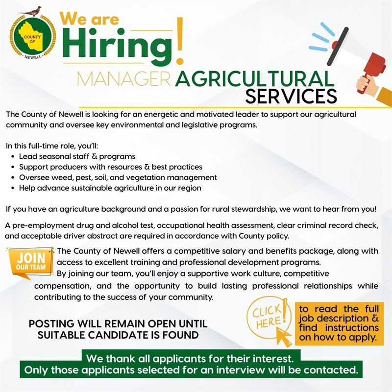 County of Newell is hiring for Manager of Agricultural Services.